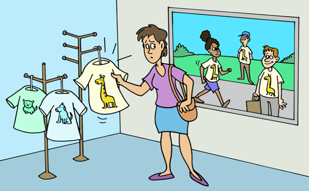 Social norms: A shopper chooses a t-shirt with a giraffe on it; three people outside the shop wear the same t-shirt.